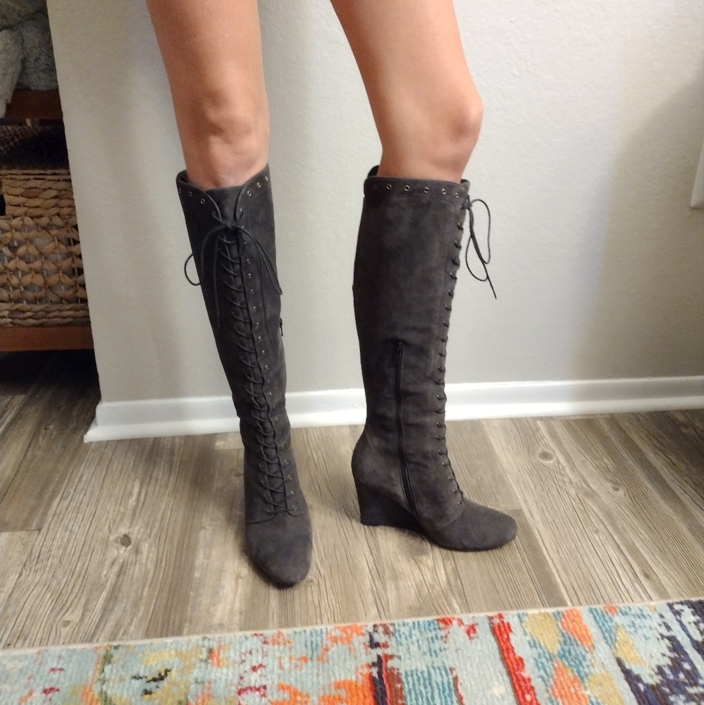 Stuart Weitzman Suede Knee-High Lace-Up Boots Grey 8.5